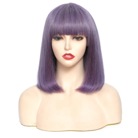 10 12 inche Ombre Color Purple Short Human Hair Wigs With Bangs, Brazilian Straight Hair Bob Wig With Front Fringe Bangs