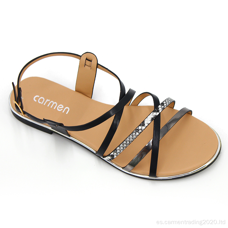 Sandalias planas con tiras cruzadas sandalias negras brillantes para niñas