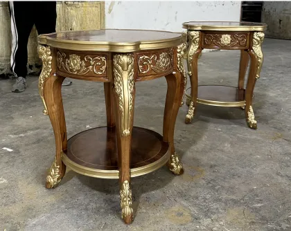 High Grade Traditional Antique Alexander Classical Luxury Teak Wood Coffee Table with Carve Inlay Veneer and Metal Accents