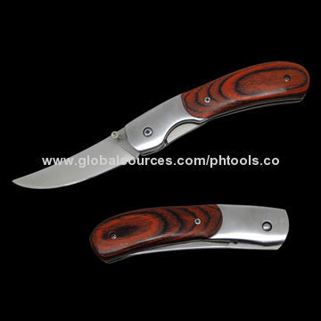 Foldable Fishing Knife with Wooden Handle, Sharp Straight Edge