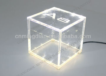 new design led crystal sign display cube box, acrylic led sign pop display holder