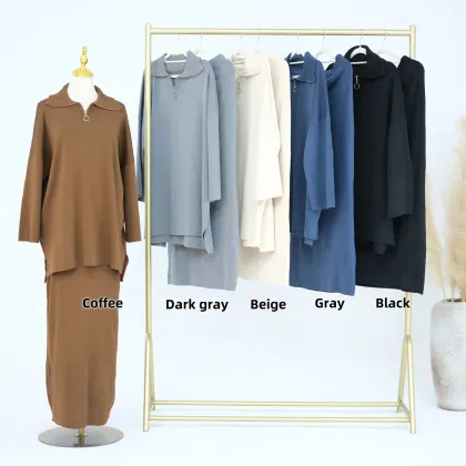 PROMISTAR Autumn Winter Middle Eastern Thickened Knitted Loose Sweater Skirt Modest Suit