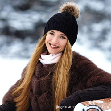 Beanies with Pom Slouchy Knit Cuffed Caps