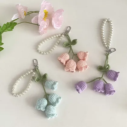 Korean Style Creative Cute Girl's Pearl Chain Wool Crochet Lanling Flower String Keychains
