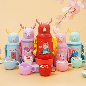 Cartoon Deer Antler Design 316 Stainless Steel Water Bottle with Strap and Straw for Kids