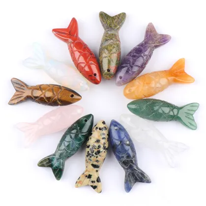 Gemstone Craving Fish Pendant Natural Stone Handmade Craved Fish Pendant (15X40MM) Crystal Fish Charm Pendant for Diy Jewelry