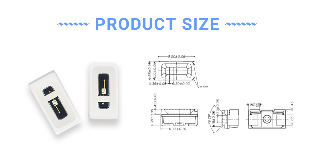 Size of 3015BC44D8L30 440-450nm Royal Blue LED 3014 Side Emitting LED