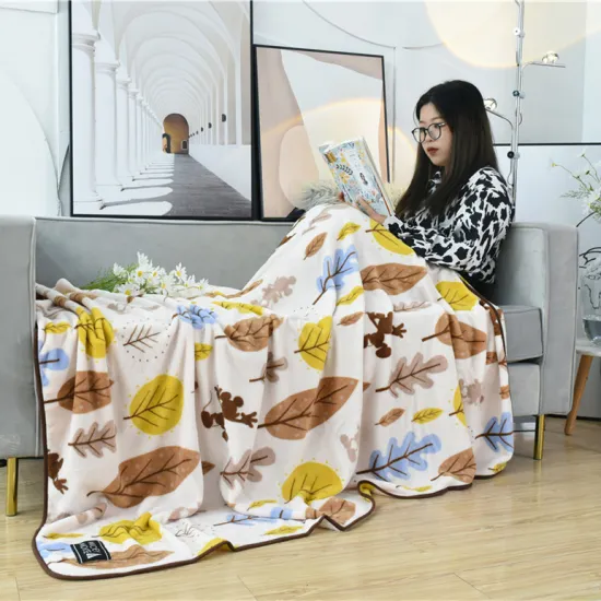 Factory Custom 100% Polyester Super Soft Flannel Fleece Penetration Printed Blanket Soft Leaf Print Flannel Blanket