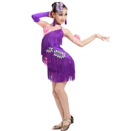 Hot selling tassels sexy purple cheap dance dresses for children