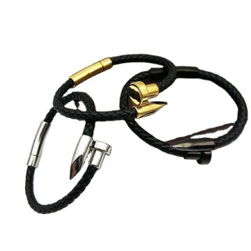 In Stock Big Brand Men's Luxury Genuine Leather Stainless Steel Nail Bracelet