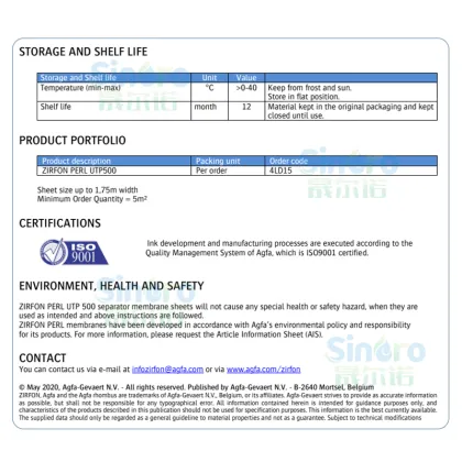 ZIRFON Agfa UTP PERL 500 Alkaline Electrolysis Membrane for Hydrogen Production