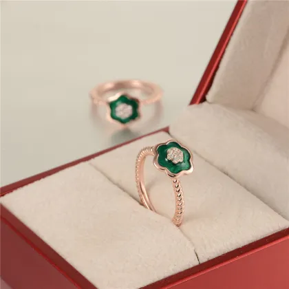 18k Golden Plating Green Enamel Crystal Flower Beads Ring Wholesale Wedding Ring RIPY055