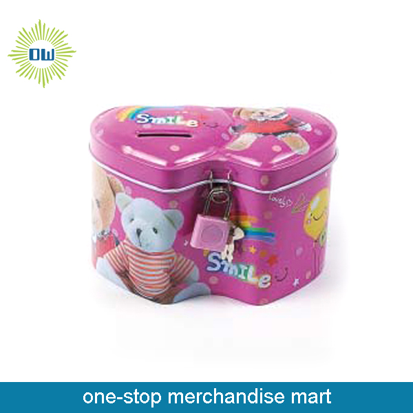 with lock save money pig box in pink 2 heart shape