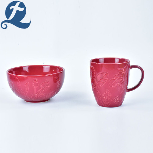 Selling Colorful Stoneware Ceramic Leaf Relief Bowl Set