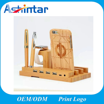 Multi-Function Bamboo Phone Desk Stand Holder for iPhone iPad with Charger Cable