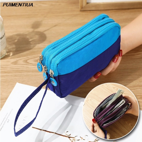 Puimentiua 3 Zippers Lady Purses Women Wallets Brand Clutch Coin Purse Cards Keys Money Bags Canvas Short Girls Handbags