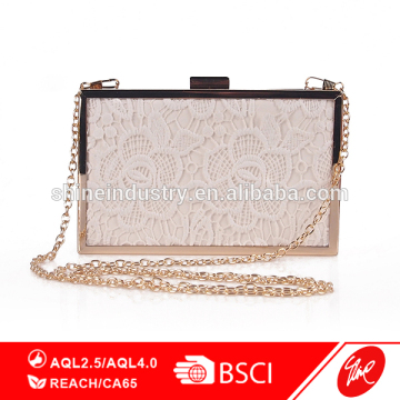 White Lace Metal Frame Box Clutch Evening Bag