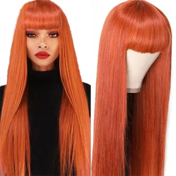 Hot selling Orange brown Burgundy black16~28 inches Straight Wig With Bang Brazilian Remy Human Hair Wig  Full Machine Made Wig