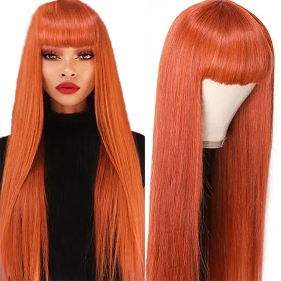 Hot selling Orange brown Burgundy black16~28 inches Straight Wig With Bang Brazilian Remy Human Hair Wig  Full Machine Made Wig