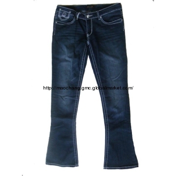 Decorated with Large, White Pick Stitching Jeans/ Blue Cotton Denim