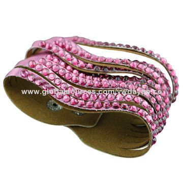 Multiple crystal leather bracelets, pink color