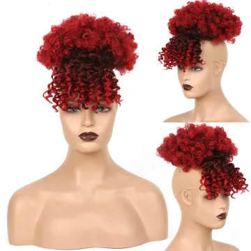 Hot Sale Ombre Chignon With Bangs Kinky Curly Bun Hairpieces Short Afro Fluffy Puff Synthetic Hair Extensions For Black Woman