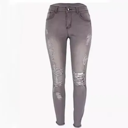Women's Ripped Skinny High Waist Trousers - Spring Autumn Casual Denim Jeans