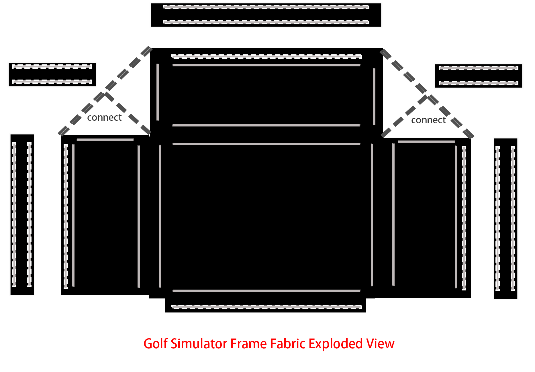 Golf simulator enclosure exploded view with frame fabric screen and accessories