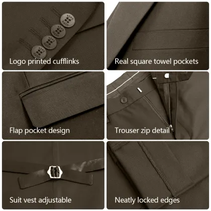 WYWK Men's 3-Piece Suit Banquet Prom Wedding Set-Brown-S