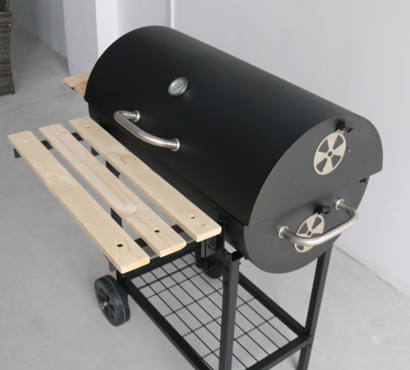 Outdoor Garden Trolley Barbecue Meat Barrel Drum Charcoal Bbq Smoker Grill With Side Table