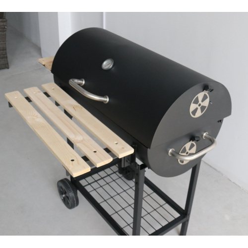 China Outdoor Garden Trolley Barbecue Meat Barrel Drum Charcoal Bbq Smoker Grill With Side Table Factory