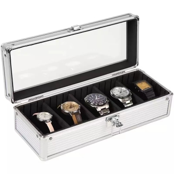 Aluminum Alloy Watch Display Box - Transparent Cover, Silver Finish - Available in 3, 5, and 10 Watch Slots