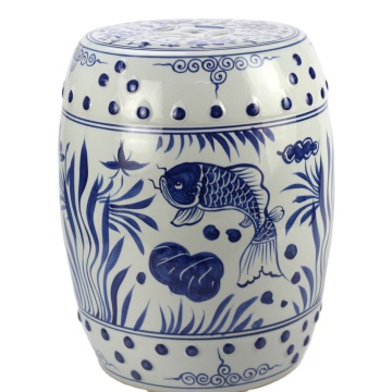 RYLL42 Hand-Painted Blue and White Carp Fish Ceramic Drum Stools