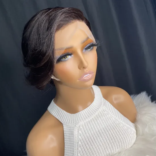 Wholesale Cheap 100% Remy Raw Black Straight Pixie Cut 13x4 Lace Frontal Wig