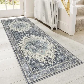 Machine Washable 2x6ft Center Blue Runner Rugs with Vintage Retro Style