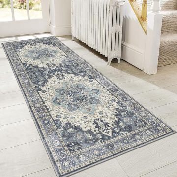 Machine Washable 2x6ft Center Blue Runner Rugs with Vintage Retro Style