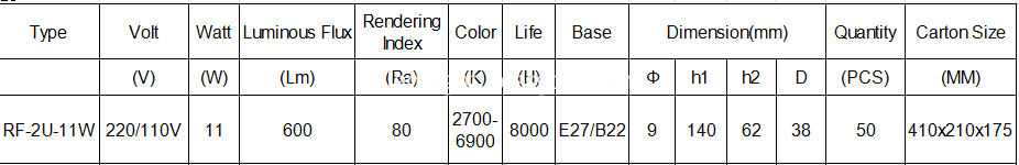 2U 11W led energy saving light bulbs 