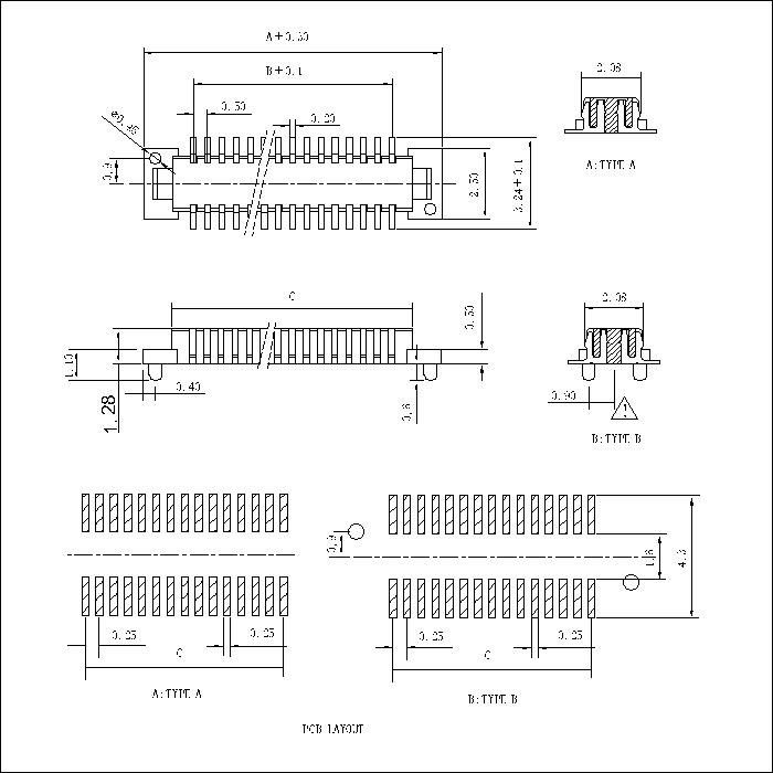 0.5mm Board to Board Connector Male With or Without Locating Pegs Type Mating Height=1.5-2.5mm BB0.5M-XXXX03