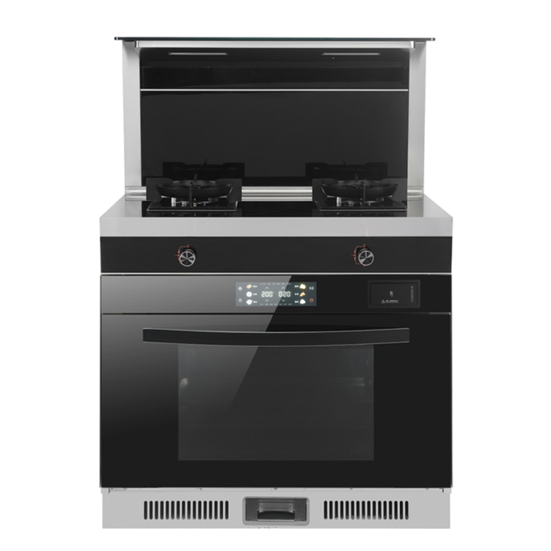 Freestanding Stainless Steel Kitchen Integrated 2 Gas Cooking Stove with Downdraft Suction Range Hood Oven Built in