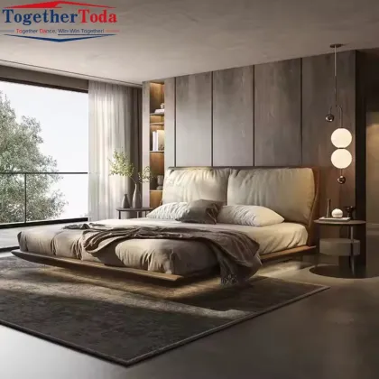 Modern Solid Wood Double Bed with Storage Cowhide