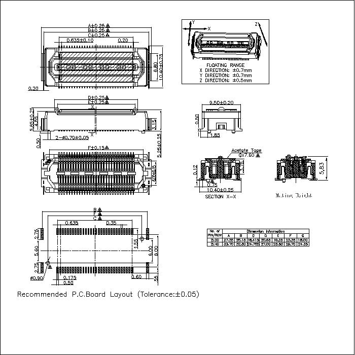 BBF0.635M-XXXX01 0.635MM Floating Board to Board Male Plug Connector With Post Mating Height 5.83MM