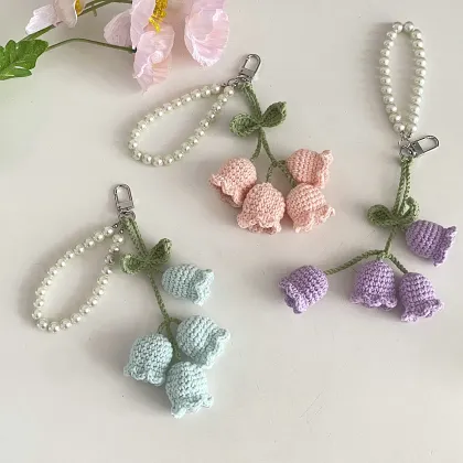 Korean Style Creative Cute Girl's Pearl Chain Wool Crochet Lanling Flower String Keychains
