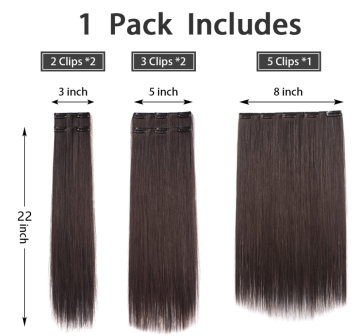Dark Brown Straight Clip In Hair Extensions 22 Inch Synthetic Hair Pieces
