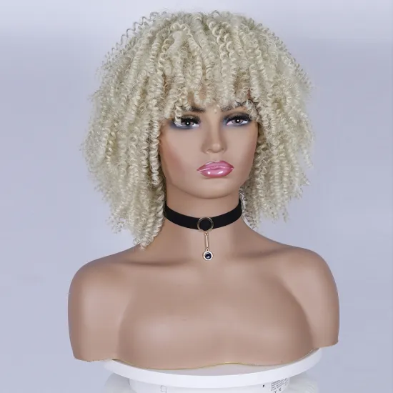 Wholesale Light Blonde Curly Wigs for Women Afro Curly Wigs with Bangs 14 Inch Afro Kinky Loose Curly Wave Synthetic Hair Wigs
