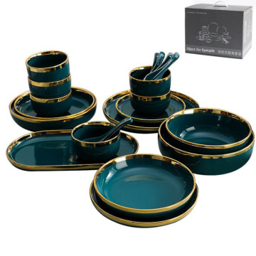 Wholesale 6-Person Peacock Green Gold Rim Ceramic Bowl Plate Set with Gift Box