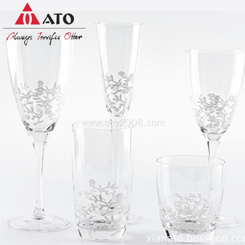 Flower design clear wine glass set