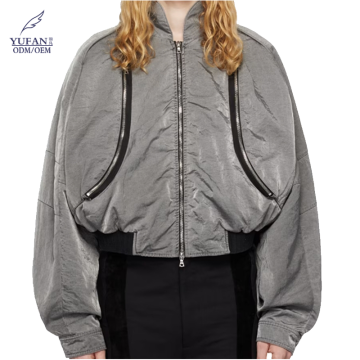 YuFan Gray Nylon Fabric Bomber Jacket - Winter Down Padding Warm Coat