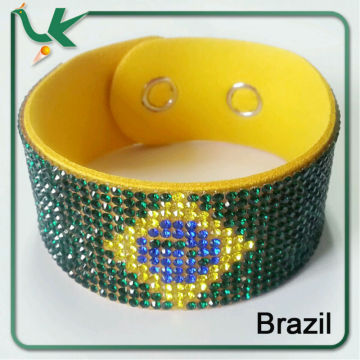Bling Bling Crystal Rhinestones Soft Comfortable Velvet, Adjustable Size Button Clasps Brazil Flag Bracelet