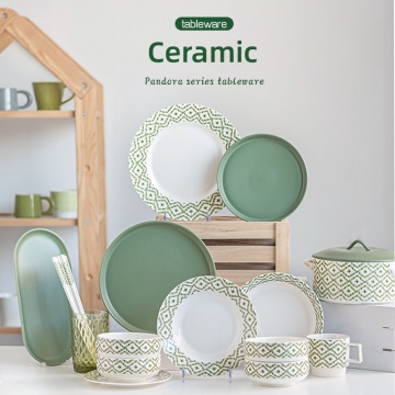 bohemian green ceramic plates sets dinnerware tableware porcelain dinner set decal stoneware