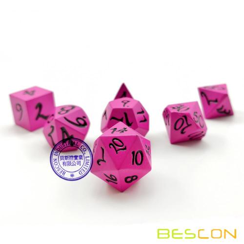 Bescon Fresh New Solid Metal Dice Set Deep Pink,Metal RPG Miniature Polyhedral dice set of 7 for role Playing Games